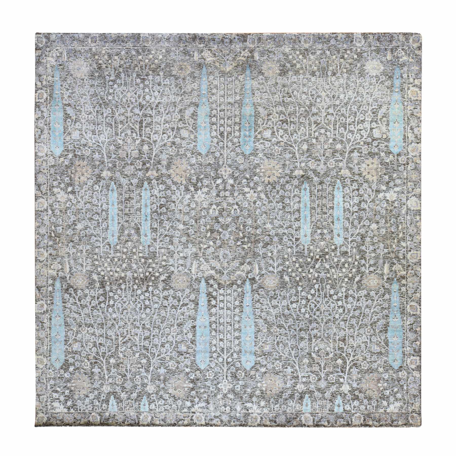 Charcoal Black, Cypress Tree Design, Silk, Hand Knotted, Denser Weave, Soft Pile, Square, Oriental Rug